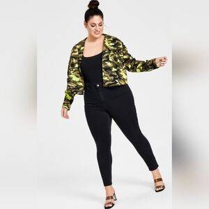 Nina Parker Trendy Plus Size Cotton Camo Overcoat Jacket  Neon Camo Print 3X